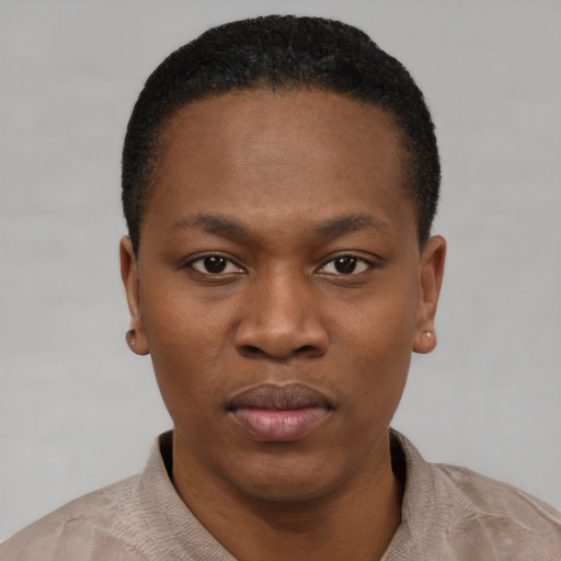 Neutral black young-adult female with short  black hair and brown eyes
