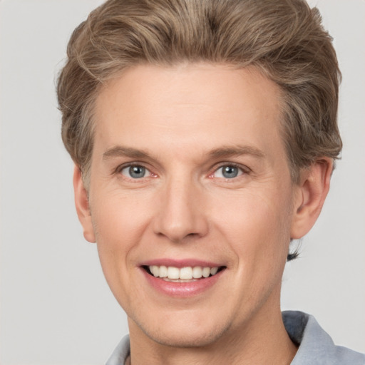 Joyful white adult male with short  brown hair and grey eyes