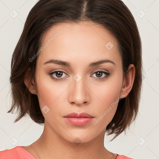 Neutral white young-adult female with medium  brown hair and brown eyes