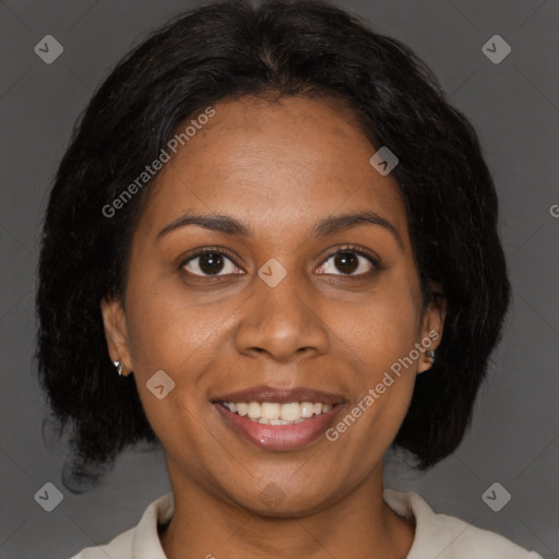 Joyful black young-adult female with medium  brown hair and brown eyes