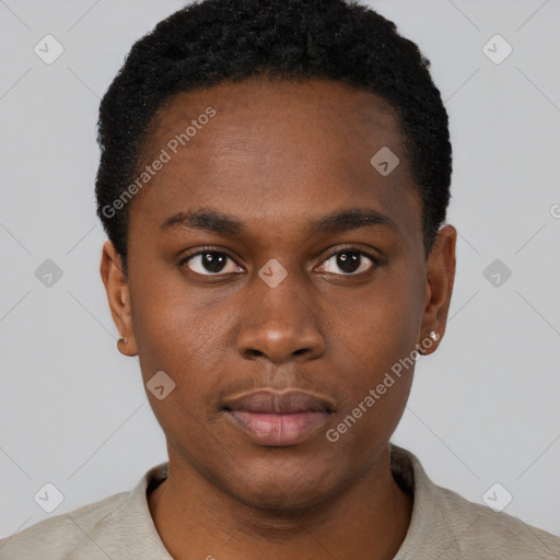 Neutral black young-adult male with short  black hair and brown eyes