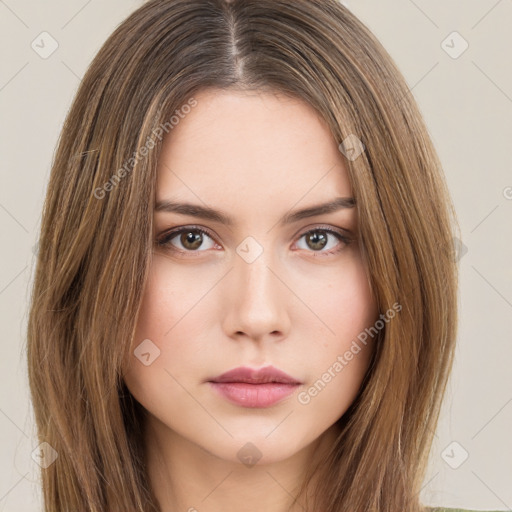 Neutral white young-adult female with long  brown hair and brown eyes