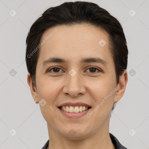 Joyful white young-adult female with short  brown hair and brown eyes