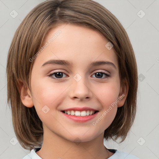 Joyful white child female with medium  brown hair and brown eyes