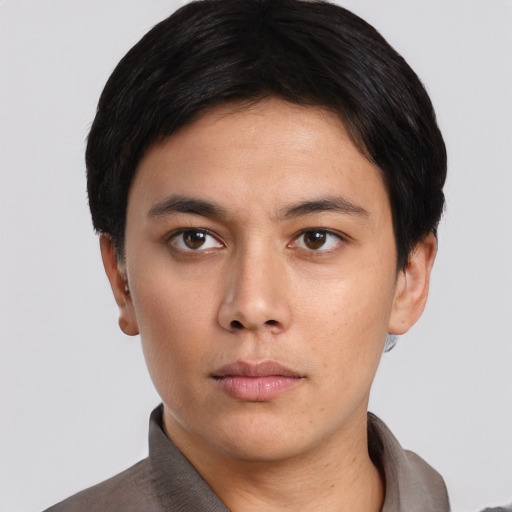 Neutral asian young-adult male with short  black hair and brown eyes
