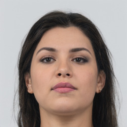 Neutral asian young-adult female with long  brown hair and brown eyes