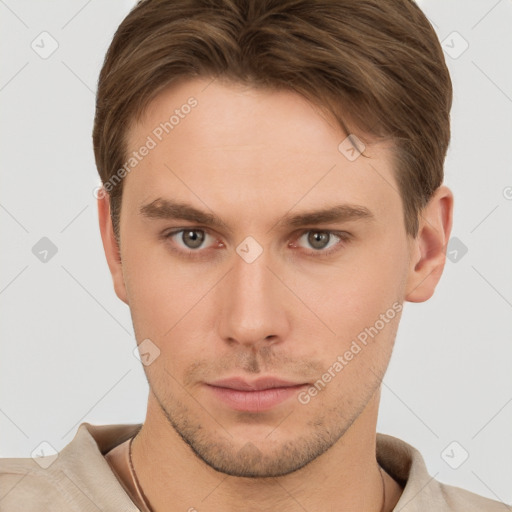 Neutral white young-adult male with short  brown hair and brown eyes