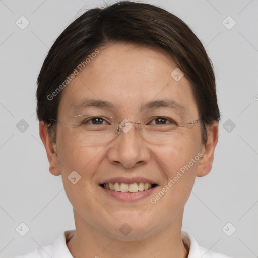 Joyful white adult female with short  brown hair and brown eyes