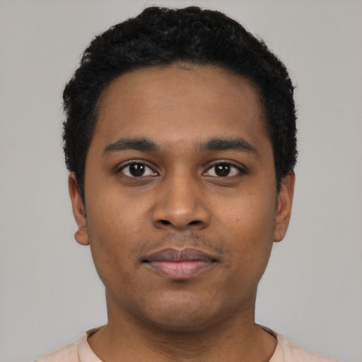 Neutral black young-adult male with short  black hair and brown eyes