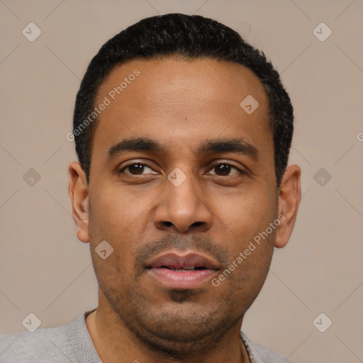 Neutral latino young-adult male with short  black hair and brown eyes
