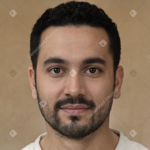 Neutral white young-adult male with short  black hair and brown eyes