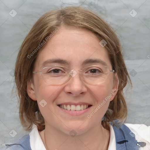 Joyful white young-adult female with medium  brown hair and blue eyes