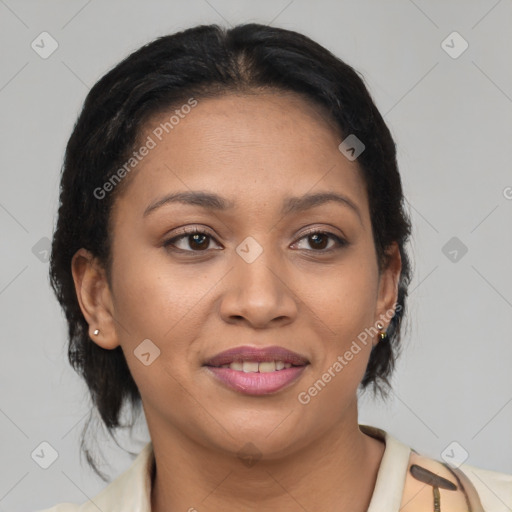 Joyful latino young-adult female with medium  brown hair and brown eyes