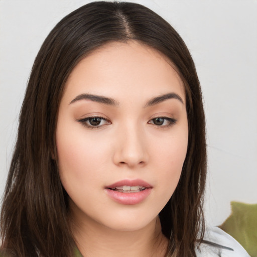 Neutral white young-adult female with long  brown hair and brown eyes