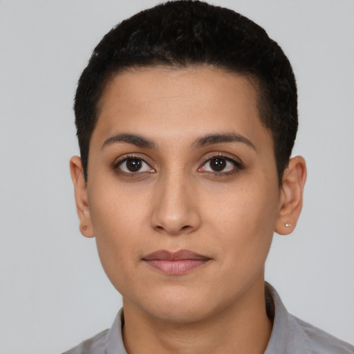 Neutral latino young-adult female with short  black hair and brown eyes