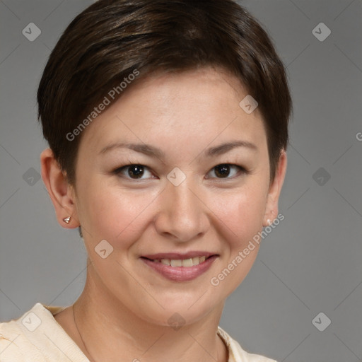 Joyful white young-adult female with short  brown hair and brown eyes