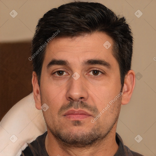 Neutral white adult male with short  black hair and brown eyes