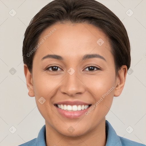 Joyful white young-adult female with short  brown hair and brown eyes