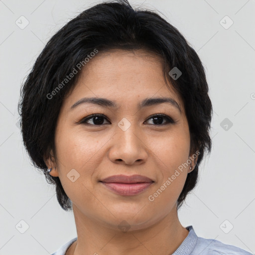 Joyful asian young-adult female with short  brown hair and brown eyes