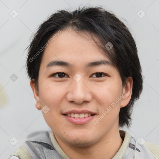 Joyful white young-adult male with medium  brown hair and brown eyes