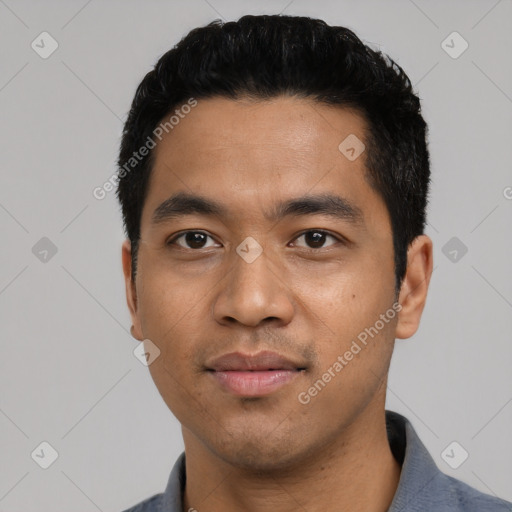 Neutral asian young-adult male with short  black hair and brown eyes