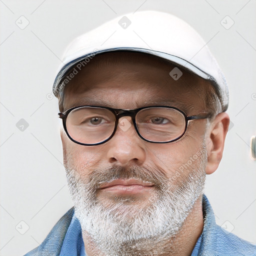 Neutral white middle-aged male with short  gray hair and brown eyes