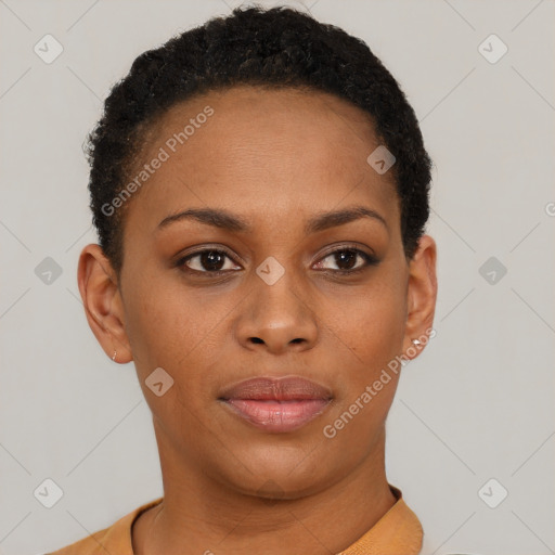 Neutral black young-adult female with short  black hair and brown eyes