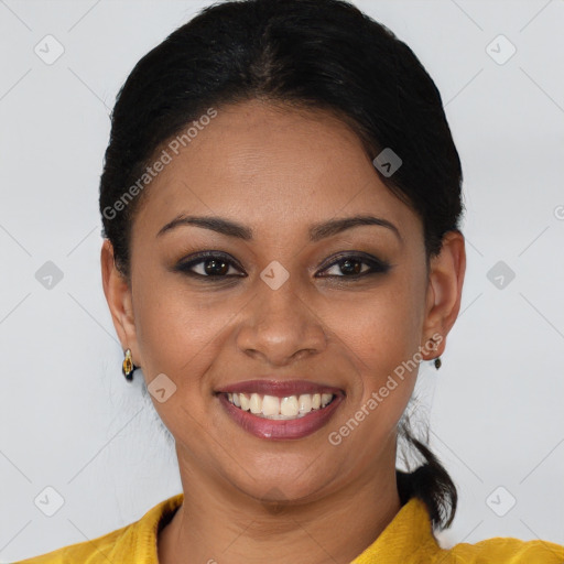 Joyful latino young-adult female with short  brown hair and brown eyes