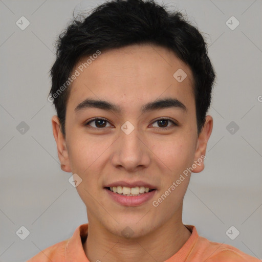 Joyful asian young-adult male with short  brown hair and brown eyes