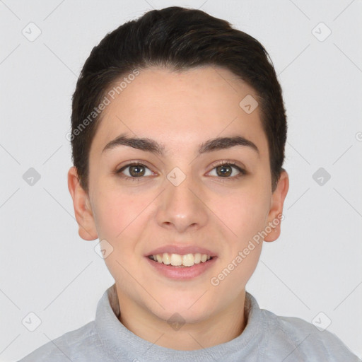 Joyful white young-adult female with short  brown hair and brown eyes