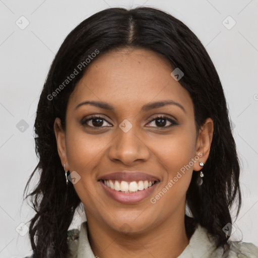 Joyful black young-adult female with medium  black hair and brown eyes