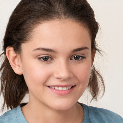 Joyful white child female with medium  brown hair and brown eyes