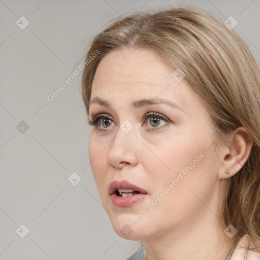 Neutral white young-adult female with medium  brown hair and grey eyes