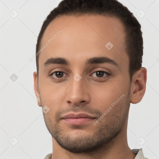 Neutral white young-adult male with short  brown hair and brown eyes