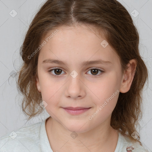 Joyful white child female with medium  brown hair and brown eyes