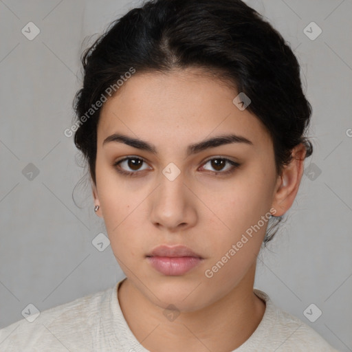 Neutral latino young-adult female with medium  brown hair and brown eyes