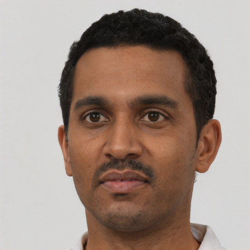 Neutral black young-adult male with short  black hair and brown eyes
