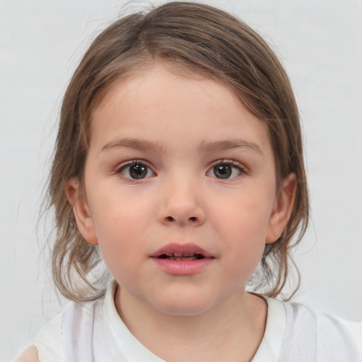 Neutral white child female with medium  brown hair and blue eyes