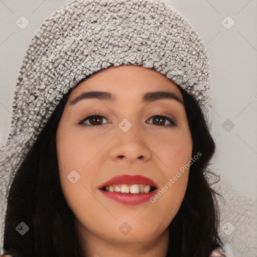 Joyful white young-adult female with long  black hair and brown eyes