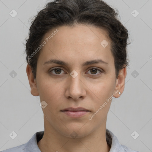 Neutral white young-adult female with short  brown hair and brown eyes