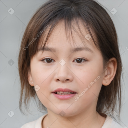 Joyful white child female with medium  brown hair and brown eyes