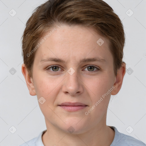 Joyful white young-adult female with short  brown hair and grey eyes