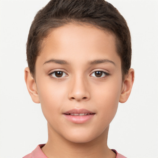 Joyful white child female with short  brown hair and brown eyes