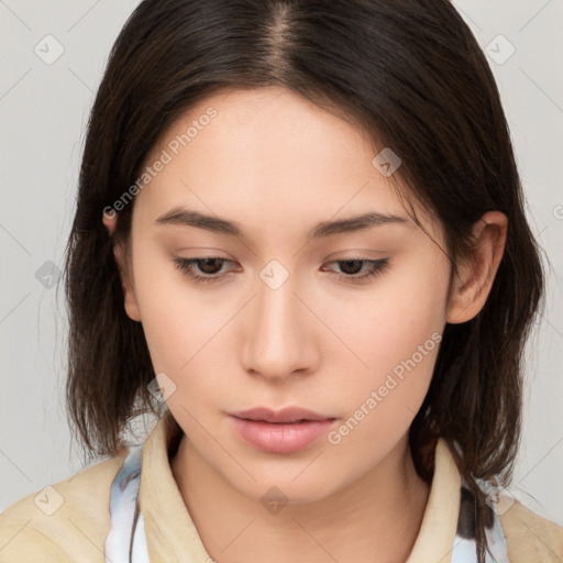 Neutral white young-adult female with medium  brown hair and brown eyes