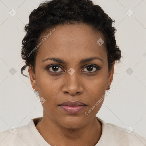 Neutral black young-adult female with short  brown hair and brown eyes