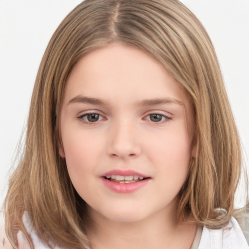 Joyful white child female with medium  brown hair and brown eyes