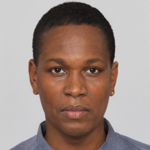 Neutral black young-adult female with short  black hair and brown eyes