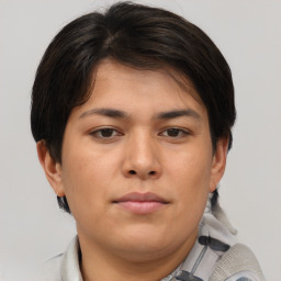 Neutral asian young-adult female with short  brown hair and brown eyes