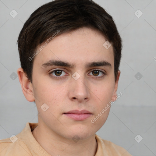 Neutral white young-adult male with short  brown hair and grey eyes