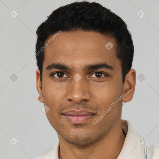 Neutral latino young-adult male with short  black hair and brown eyes